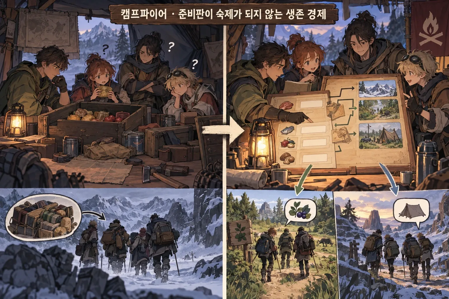 캠프파이어 — 준비판이 숙제가 되지 않는 생존 경제: 본문 규칙에 따른 전용 기획 도해