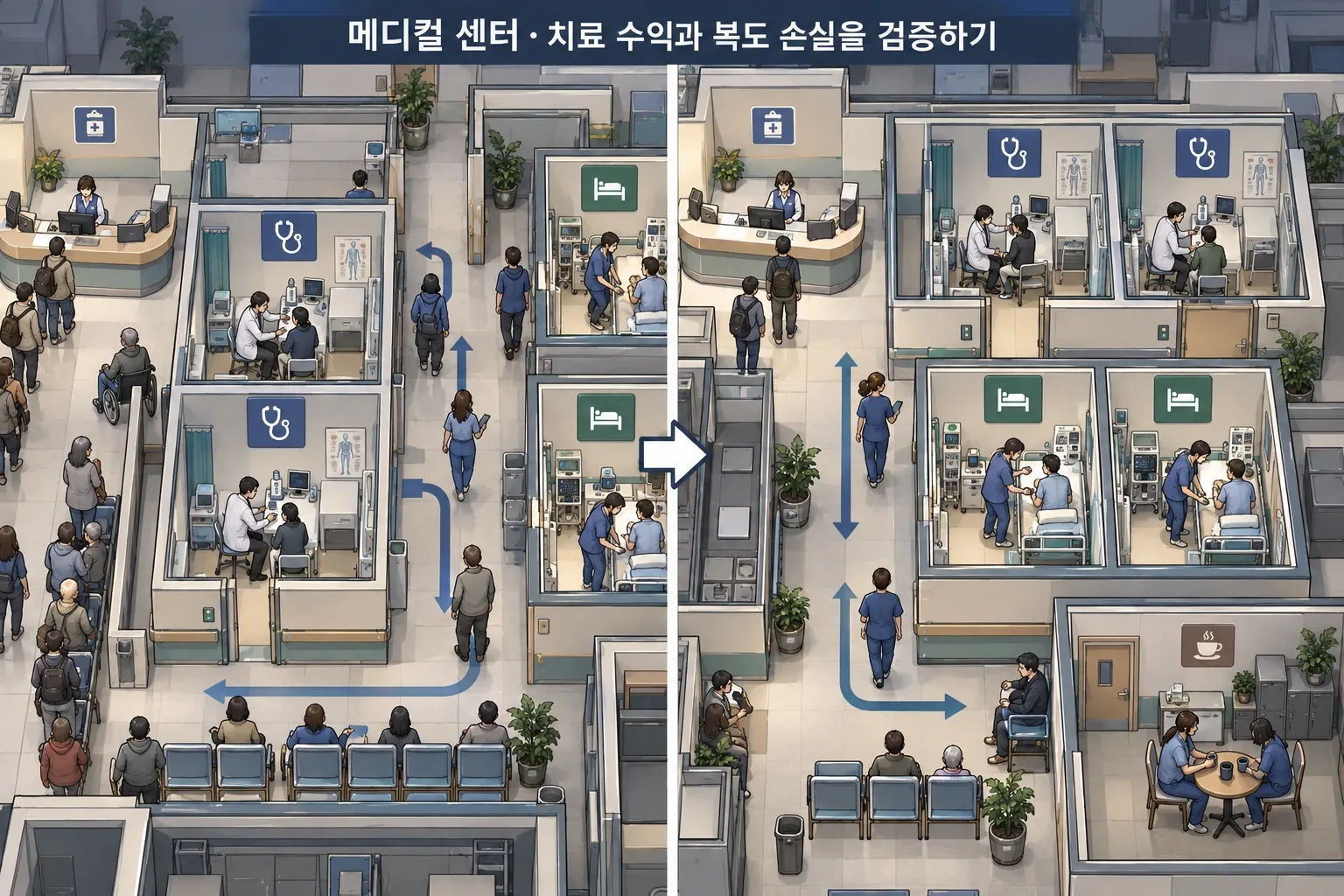 메디컬 센터 — 치료 수익과 복도 손실을 검증하기: 본문 규칙에 따른 전용 기획 도해