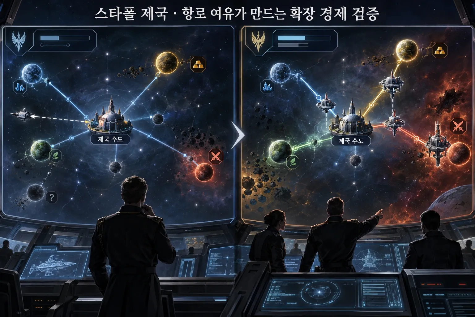 스타폴 제국 — 항로 여유가 만드는 확장 경제 검증: 본문 규칙에 따른 전용 기획 도해