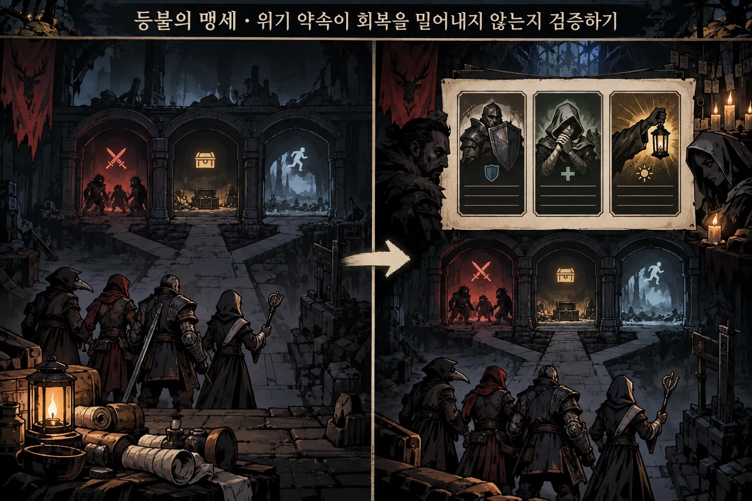 등불의 맹세 — 위기 약속이 회복을 밀어내지 않는지 검증하기: 본문 규칙에 따른 전용 기획 도해