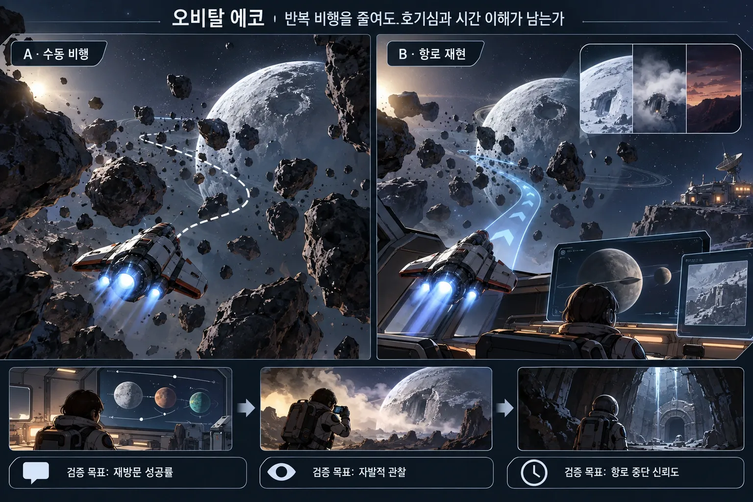 오비탈 에코 — 반복 비행을 줄여도 호기심과 시간 이해가 남는가: 본문 규칙에 따른 전용 기획 도해