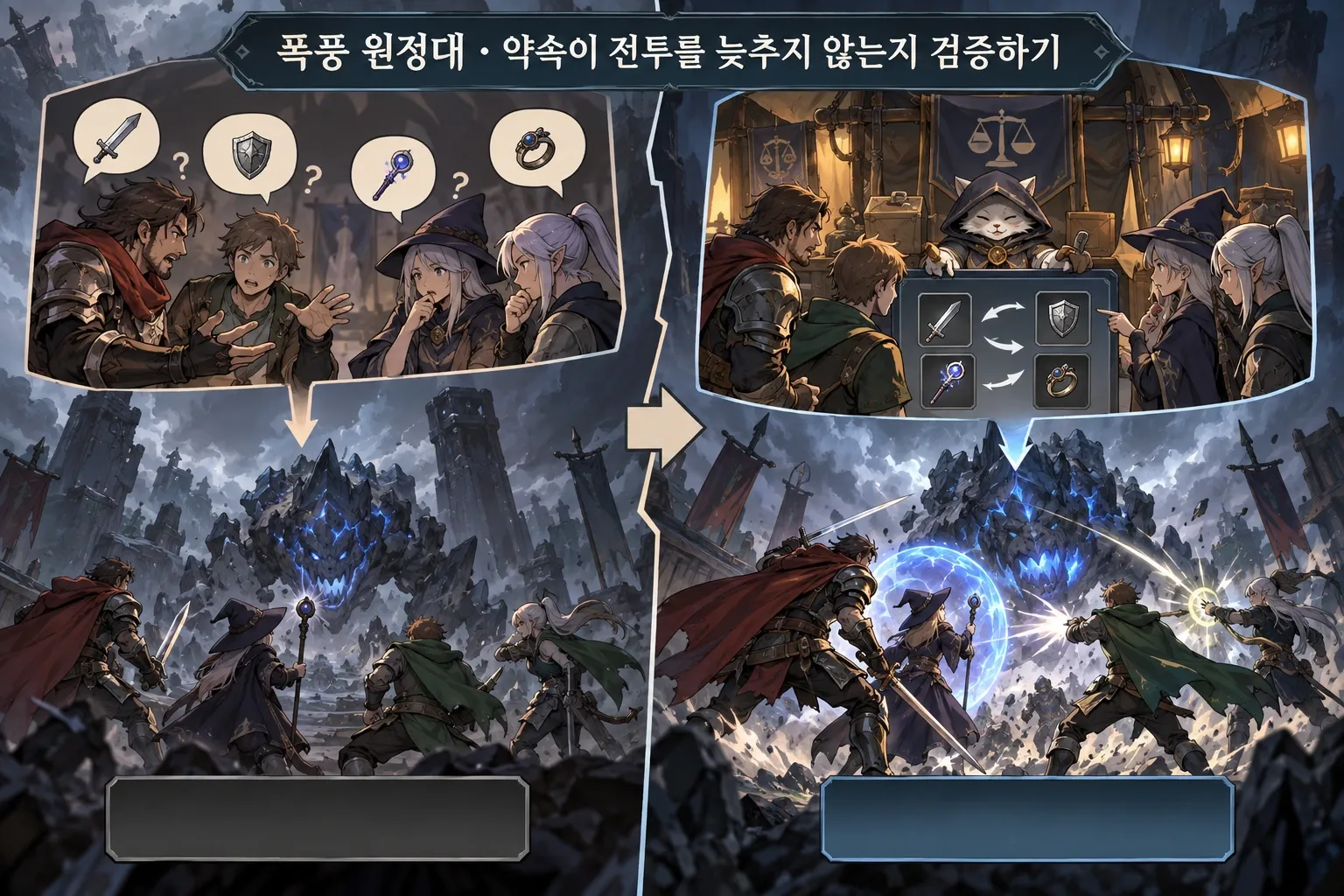 폭풍 원정대 — 약속이 전투를 늦추지 않는지 검증하기: 본문 규칙에 따른 전용 기획 도해