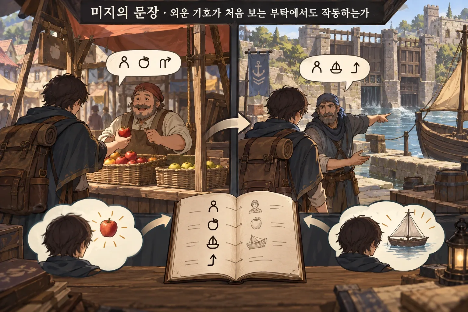 미지의 문장 — 외운 기호가 처음 보는 부탁에서도 작동하는가: 본문 규칙에 따른 전용 기획 도해
