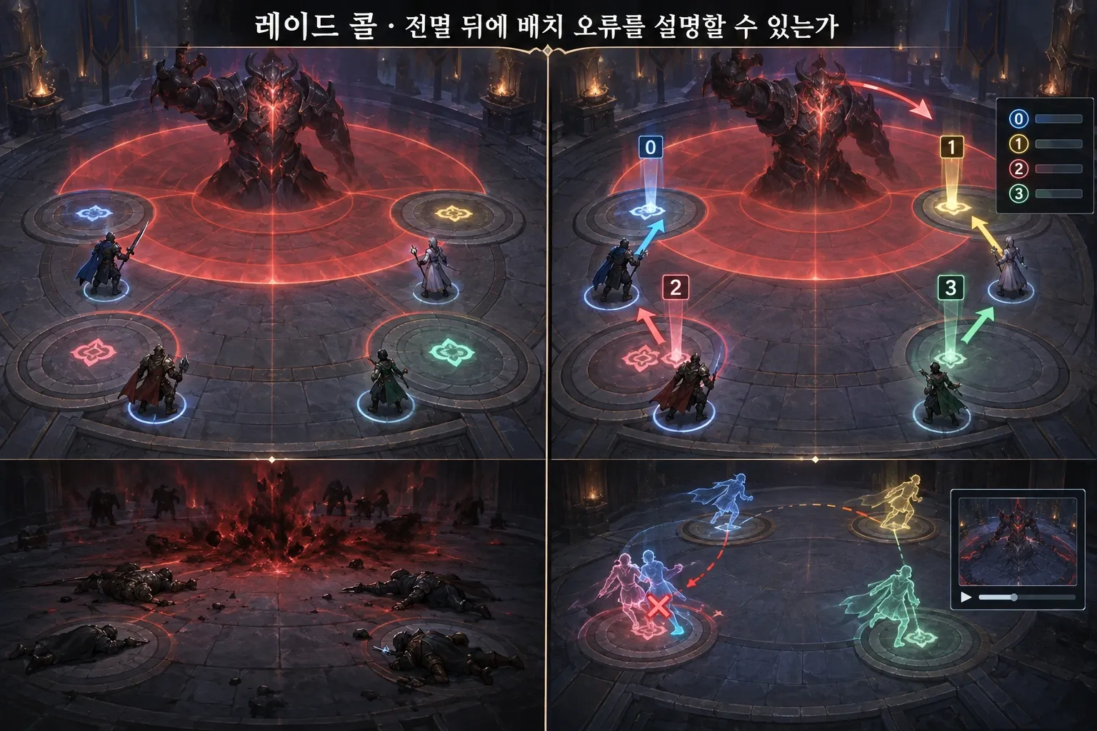 레이드 콜 — 전멸 뒤에 배치 오류를 설명할 수 있는가: 본문 규칙에 따른 전용 기획 도해