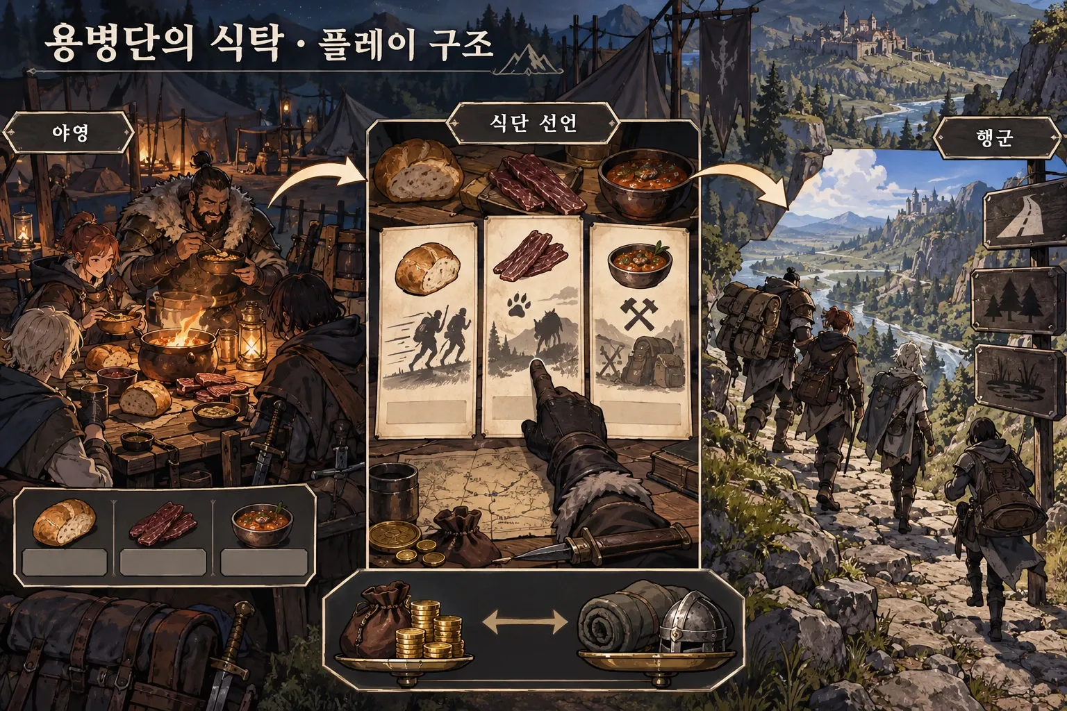 용병단의 식탁 — 게임 개요: 본문 규칙에 따른 전용 기획 도해