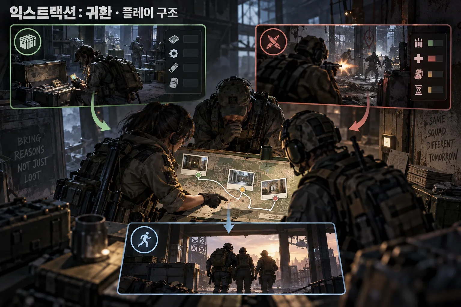 익스트랙션: 귀환 — 게임 개요: 본문 규칙에 따른 전용 기획 도해